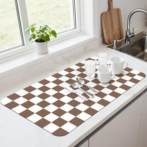 Checkered Dish Mat for Kitchen Coffee Station (Coffee Brown / 17" x 32")