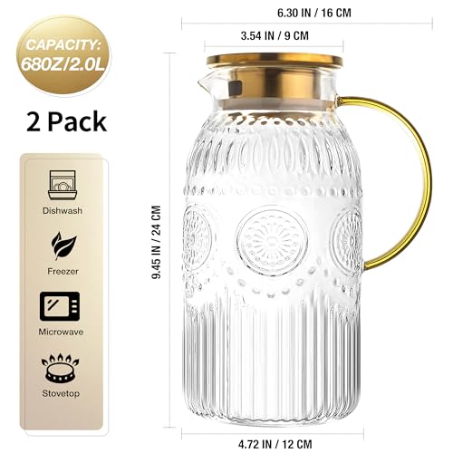 Glass Pitcher with Lid 68oz 2L Vintage Water Carafe Beverage 2Pack (68 Ounces (2 Pack))