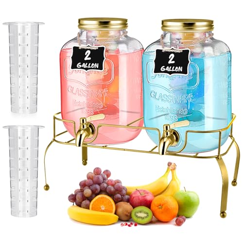 2 Pcs 2 Gallon Glass Drink Dispenser with Stand Ice Cylinder Hanging Chalkboard Signs 18 (Gold)
