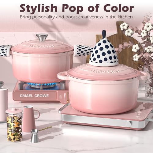 5QT Enameled Cast Iron Dutch Oven Pot with Lid (Pink / 5QT)