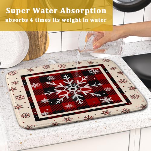 16"x18" Christmas Snowflakes Dish Drying Mat Xmas Red Black Buffalo Plaids Winter Snow Dish Drainer Mats Microfiber Reversible Dish Drying Rack Pad for Kitchen Countertop Tabletop Decor (18" x 16")