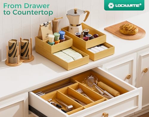 Bamboo Kitchen Drawer Organizer Boxes 12" x 6" Stackable Wooden Organizers (Bamboo / 12" x 6" x 2")