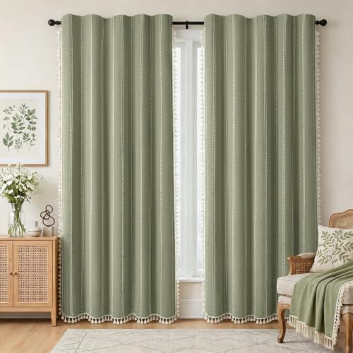 Green 100% Boho Blackout Curtains 84 Inch 2 Panels with Tassels (Green / 52"W x 84"L (Pack of 2))