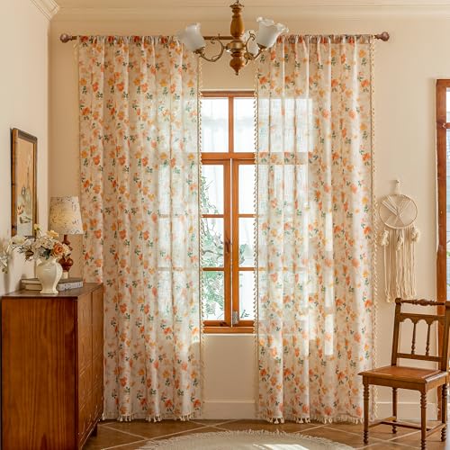 Floral Boho Linen Curtains 63 inch Length 2 Panels Set Spring Vintage Farmhouse Orange Patterned Window Drapes with Tassels Semi Sheer Light Filtering Back Tab for Girls Bedroom (Orange / 50"W x 63"L (Pack of 2))