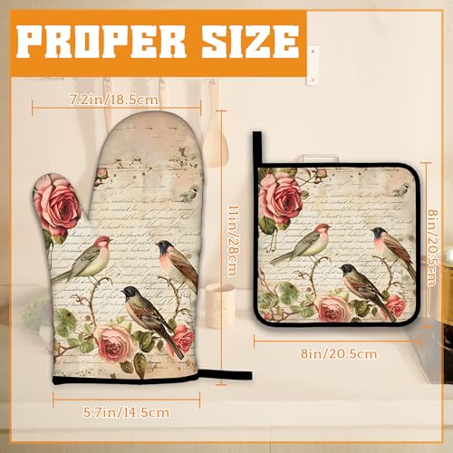 Vintage Bird Oven Mitts and Pot Holders (Vintage Bird Pink Rose Flower)