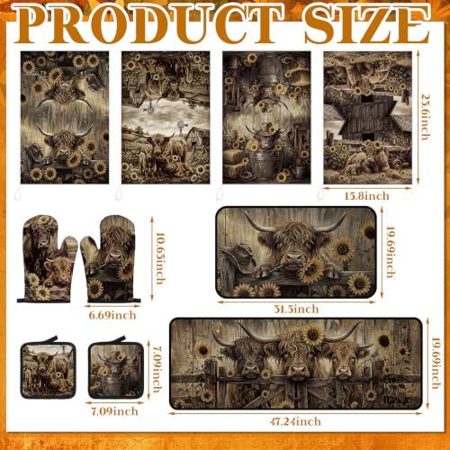 10 Pcs Rustic Highland Cow Kitchen Decor and Accessories Set (Brown / Cow Sunflower)