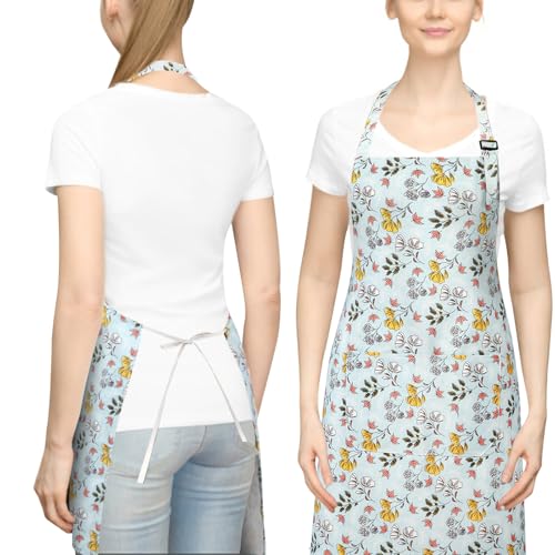 Floral Apron for Women with Pockets Cotton Canvas Waterproof Apron Cooking Baking Painting Gift (Grey)