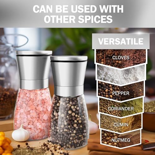 Original Stainless Steel Sea Salt and Pepper Grinder Set of 2 (2pk / Clear Glass)