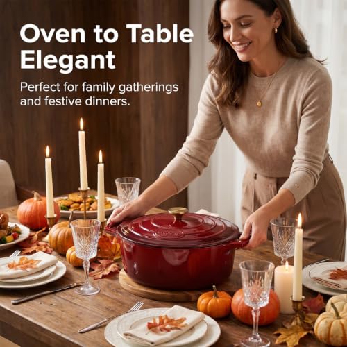 La Cuisine Enameled Cast Iron Oval Dutch Oven Casserole Dish Pot with Lid 5 QT Internal Matt Black Enamel Coating (5.0 QT Oval / Cranberry)