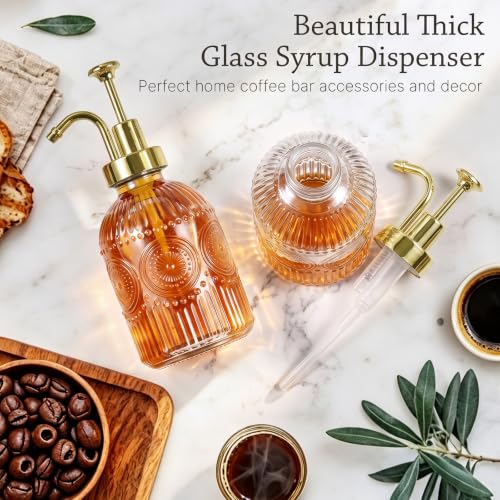 12 oz (350ml) Coffee Syrup Dispenser, Glass Syrup Bottles, 2 Pack (Gold, 2 Pack)
