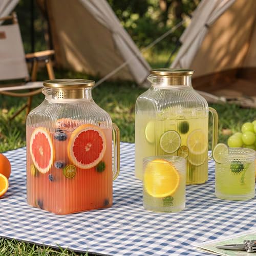2 Pack 68oz 2 Liter Square Glass Pitcher with Handle and Lid (Square Stripes-2)