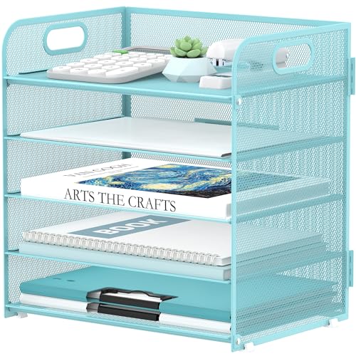 5 Trays Paper Organizer Letter Tray with Handle (Blue)