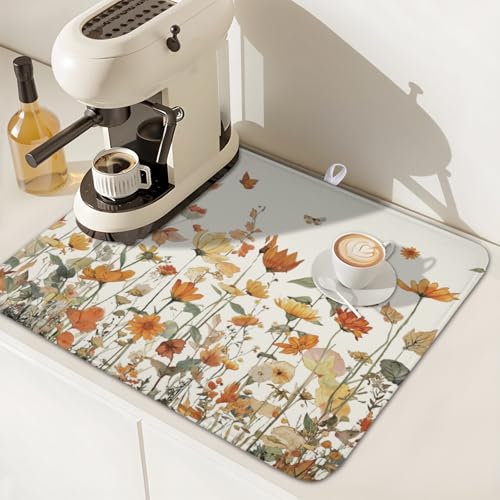 Fall Floral Dish Drying Mat for Kitchen Counter Orange Rustic Vintage Wildflower Pattern Microfiber Dish Drainer Mat Autumn Absorbent Washable Drying Pad Extra Large 16"x18" (Fall Floral / 18" x 16")