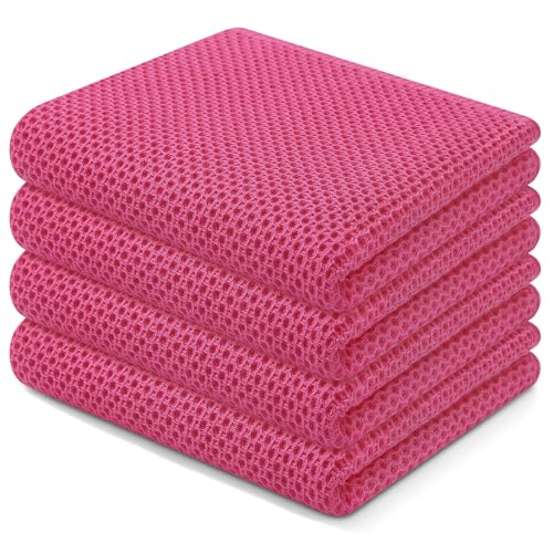100% Cotton Waffle Weave Kitchen Dish Towels 4 (Hot Pink / 13 X 28 - 4 Pack)