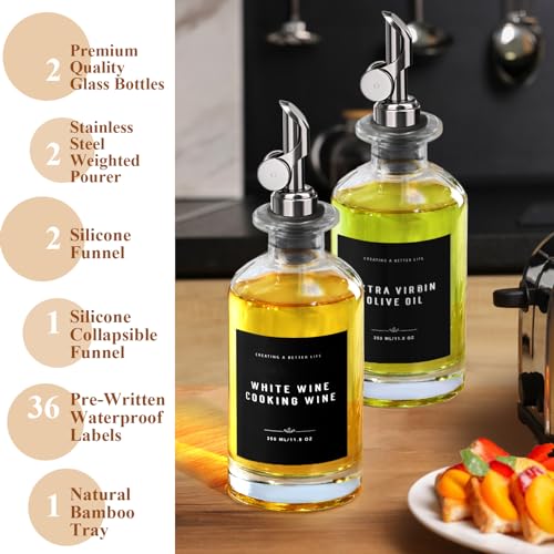 Olive Oil Dispenser Bottle with Bamboo Tray (Black-11.8 fl oz (Set of 2))