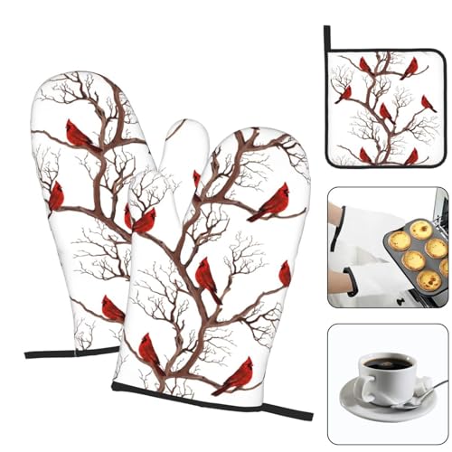 Winter Cardinal Birds Oven Mitts and Pot Holders Sets of 3 Hot Pads (Birds Cardinal)