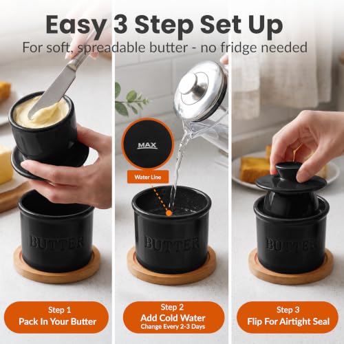 Butter Crock with Lid for Countertop with Spreader Knife and Water Line (Black / Regular)