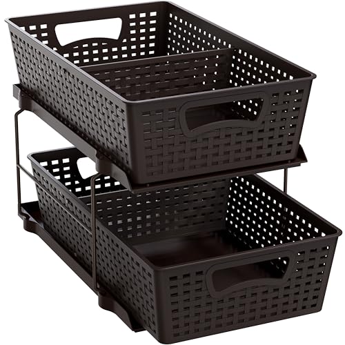2 Tier Pull Out Sliding Drawer Under Sink Storage (Brown)