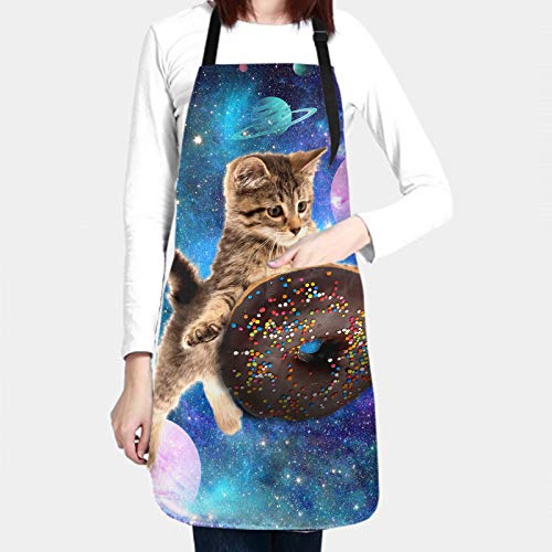 Doughnut Cat Kitchen Apron with 2 Pockets Home Gardening BBQ Grill Chef Cooking Aprons for Women Men Gifts Cute Kitten (33" x 28"(Pack of 1) / Donut Cat)