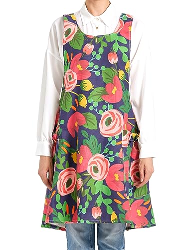 Cozy Adjustable Cross Back Aprons for Women with Pockets Cotton Linen Cooking Kitchen Baking Red Tulips (Red Tulips)