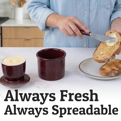 Butter Crock with Lid for Countertop with Spreader Knife and Water Line (Maroon / Regular)