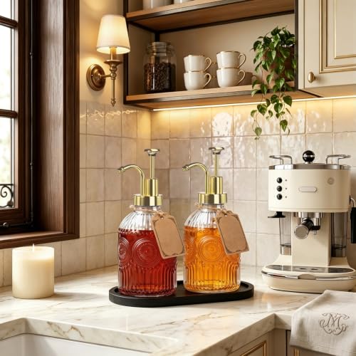 12 oz (350ml) Coffee Syrup Dispenser, Glass Syrup Bottles, 2 Pack (Gold, 2 Pack)