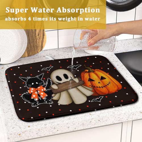 16"x18" Halloween Dish Drying Mat Spooky Pumpkin Ghost Black Cat Bats Kitchen Drainer Mats Holiday Gothic Reversible Microfiber Dish Drying Pad Small Size for Countertop Tabletop Decor (18" x 16")