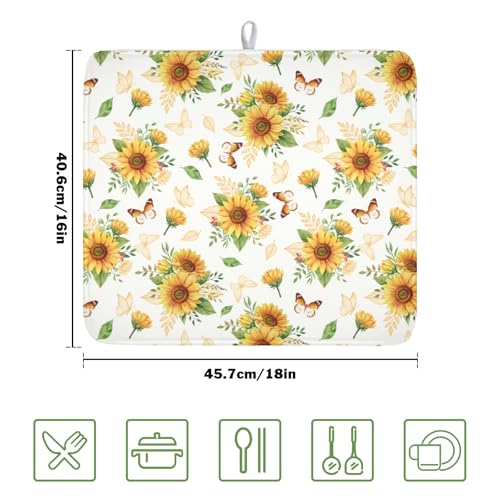 Sunflower Dish Drying Mat for Kitchen Counter Summer Yellow Floral Microfiber Dish Drainer Mat Rustic Farmhouse Absorbent Washable Drying Pad 16"x18" (Summer Sunflower / 18" x 16")