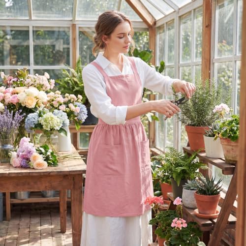 Linen Cotton Pinafore Apron Dress for Women with Pockets (Pink)