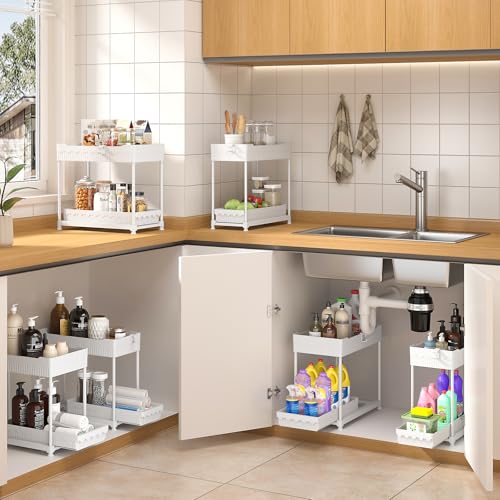 4-Pack 2-Tier Under Sink Organizer with Pull Out Drawers (White / 14.8 Inch)