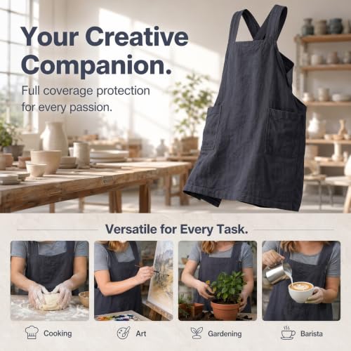 Cross Back Linen Cotton Apron with Pockets (Medium / Dark Grey)