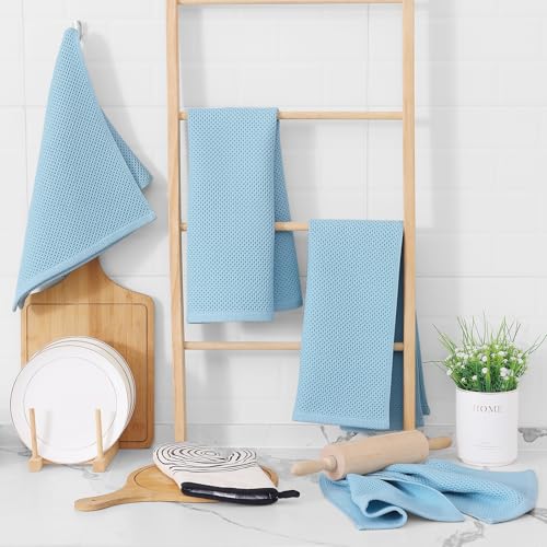 100% Cotton Waffle Weave Kitchen Dish Towels 6 (Sky Blue / 13 X 28 - 6 Pack)