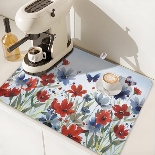4th of July Dish Drying Mat for Kitchen Counter 18 x 24 Inch Patriotic Floral Dish Drainer Mat Absorbent Microfiber Independece Day Dish Rack Pad for Coffee Dining Bar Decor (Blue Red / 18" x 24")