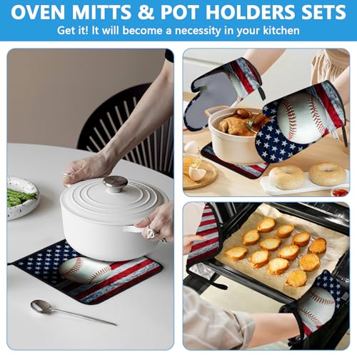 American Flag Baseball Oven Mitts and Pot Holders Sets Heat Resistant 4Pcs Potholders Oven Gloves Hot Pads for Kitchen Baking Cooking Grilling BBQ (American Flag Baseball)