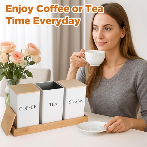 3 Pack Coffee Tea Sugar Container with Tray Airtight Metal Canister with Bamboo Lid Tray for Kitchen Counter Dining Room Farm House Kitchen Style Drink Station Organizer Set