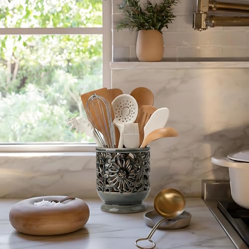 Farmhouse Kitchen Utensil Holder for Countertop (Gray & Blue & Brown)