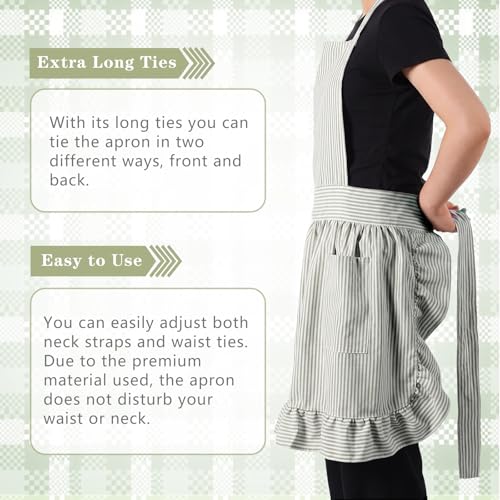 Vintage Apron Ruffle Dress Women 2 Pockets (Green / Stripe)