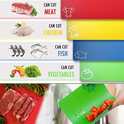 Cutting Board Mats Flexible Plastic Colored Mats with Food Icons (Rainbow - 7 Pieces)