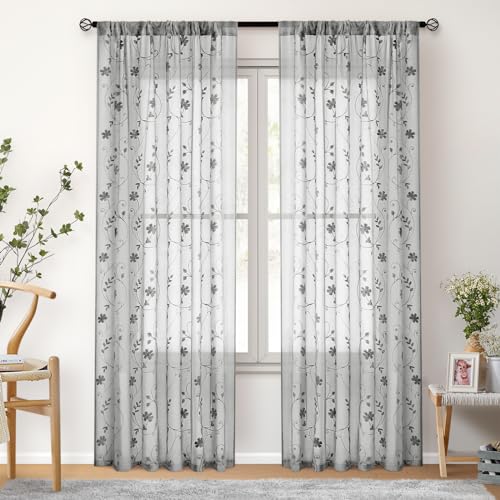 Grey Sheer Curtains 96 Inches Long 2 Panels Embroidered Floral Pattern Semi Sheer Window Curtains for Bedroom Living Room (52"W x 96"L (Pack of 2) / Grey)