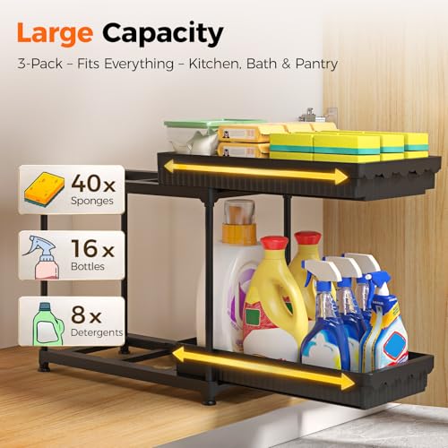 3-Pack 2-Tier Under Sink Organizers with Sliding Drawers (12.8 Inch / Black 2-Tier Sliding)