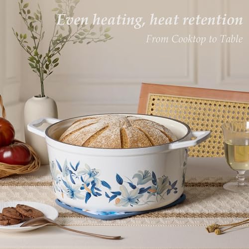 7QT Enameled Cast Iron Dutch Oven Pot with Lid (Blue Floral / 7QT)