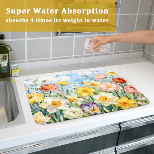 Spring Floral Dish Drying Mat for Kitchen Counter 18x24 Yellow Pink Narcissus Flower Seasonal Themed Summer Absorbent Reversible Microfiber Drying Mats Kitchen Countertop Protector Dishes Drainer Pad (18" x 24")
