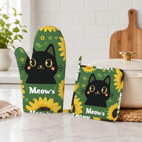 Black Cat Oven Mitts and Pot Holders Sets Cartoon Sunflower Silicone Heat Resistant Kitchen Oven Gloves Pot Holder for Cooking Baking Grilling BBQ (Black Cat)