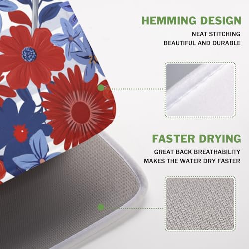 Patriotic Floral Dish Drying Mat for Kitchen Counter 4th of July American Flag Microfiber Dish Drainer Mat Red and Blue Flower Absorbent Washable Drying Pad 16"x18" (Patriotic Floral Flag / 18" x 16")