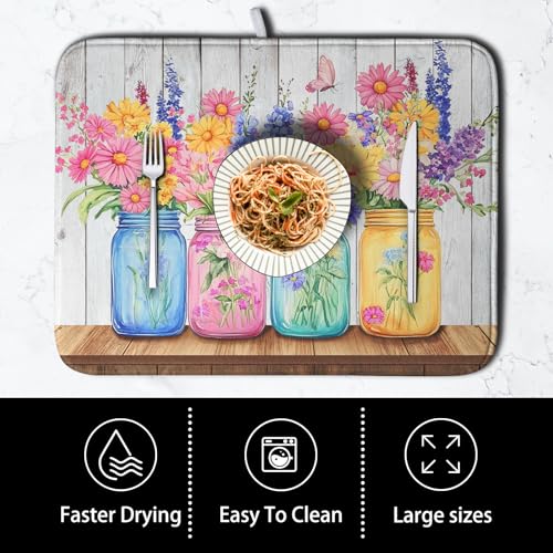 Daisy Dish Drying Mat for Kitchen Counter Spring Summer Flowers Vases Dishes Pad Microfiber Absorbent Dish Draining Mats Rustic Farmhouse Floral Wooden Board Dish Drainer Rack Mat 16x18 Inch (Daisy Vases Pink / 16" x 18")
