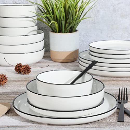 Oslo 16 Piece Porcelain Dinnerware Set (White w/ Black Rim (Oslo) / Service for 4 (16pcs))