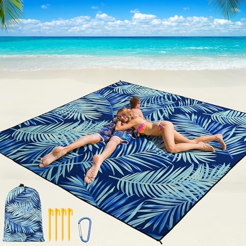 Beach Blanket Mat Waterproof Sandproof for 2 (Leaves Blue / 79" X 83"（1-4person）)