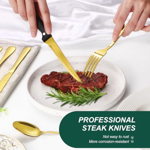 24 Piece Gold Silverware Set with Steak Knives Black Stainless Steel Flatware Set for 4 Food Grade Tableware Cutlery Set Rust (24Pcs-C)