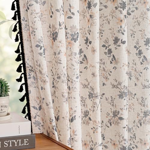 Floral Boho Linen Curtains 84 Inch Length 2 Panels with Black Tassel Semi Sheer Black Cottagecore Vintage Farmhouse Spring Printed Window Curtains Back Tab Living (Black / 50"W x 84"L (Pack of 2))