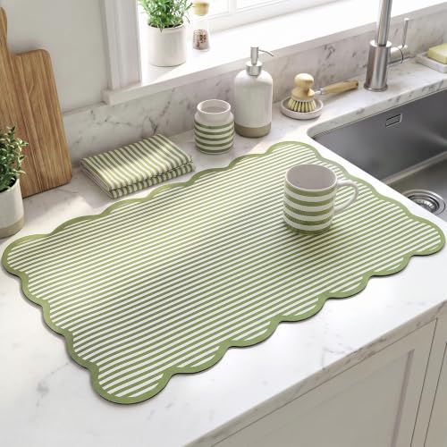 Sage Green Ticking Stripe Scalloped Coffee Mat 12" x 20" Bar Mat (Sage Green / Ticking Stripe)